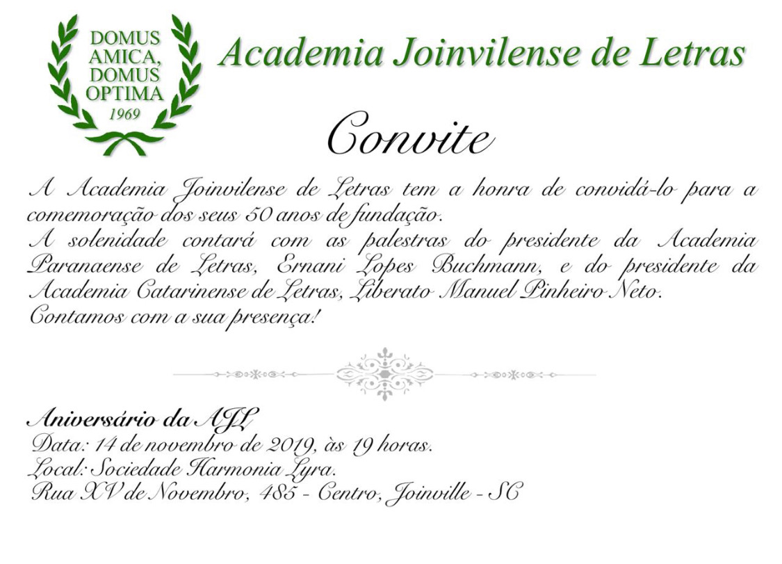 Academia Joinvilense de Letras convida para os seus 50 anos
